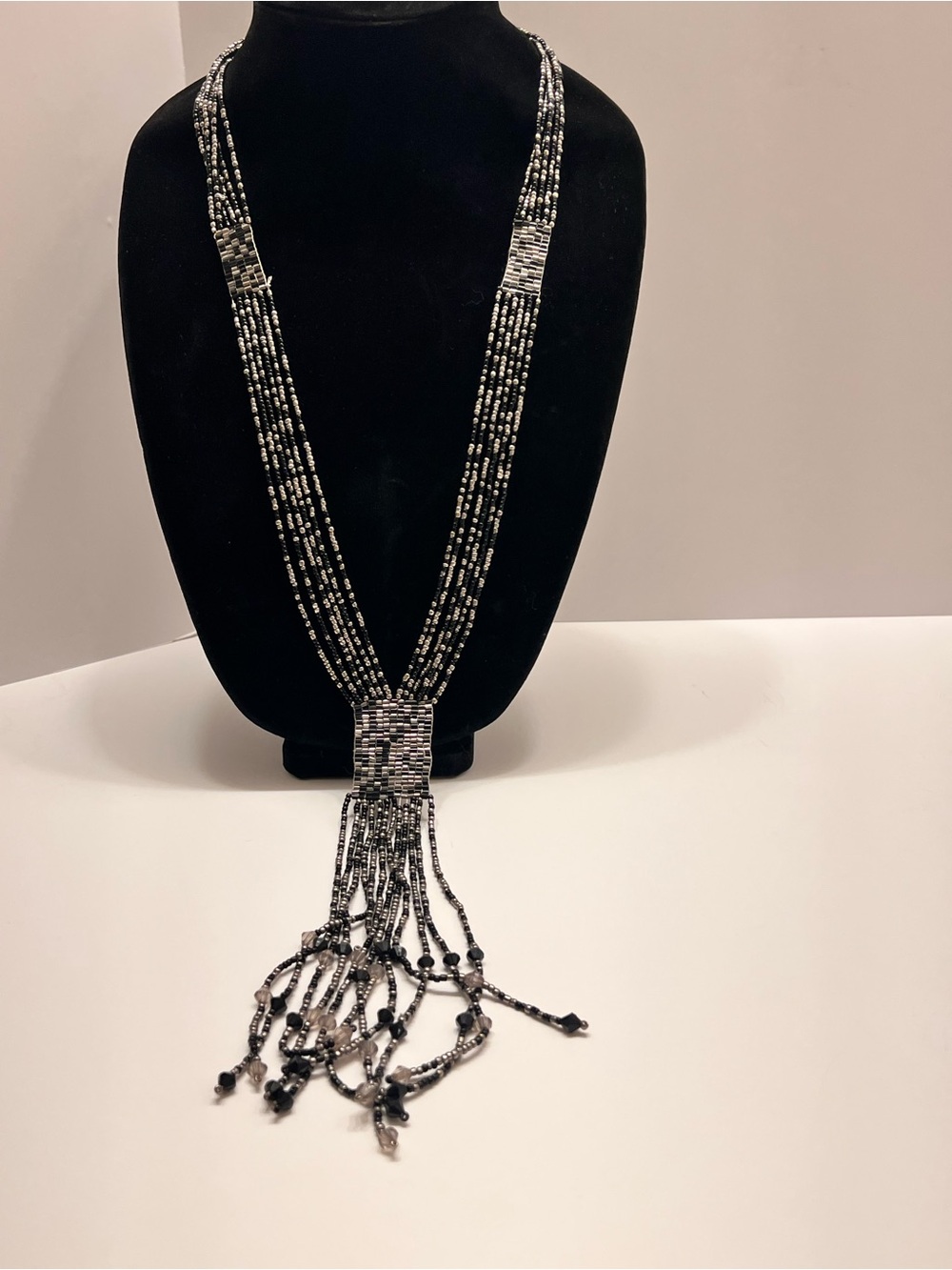 Black and Silver Multi-Strand Beaded Tassel Necklace